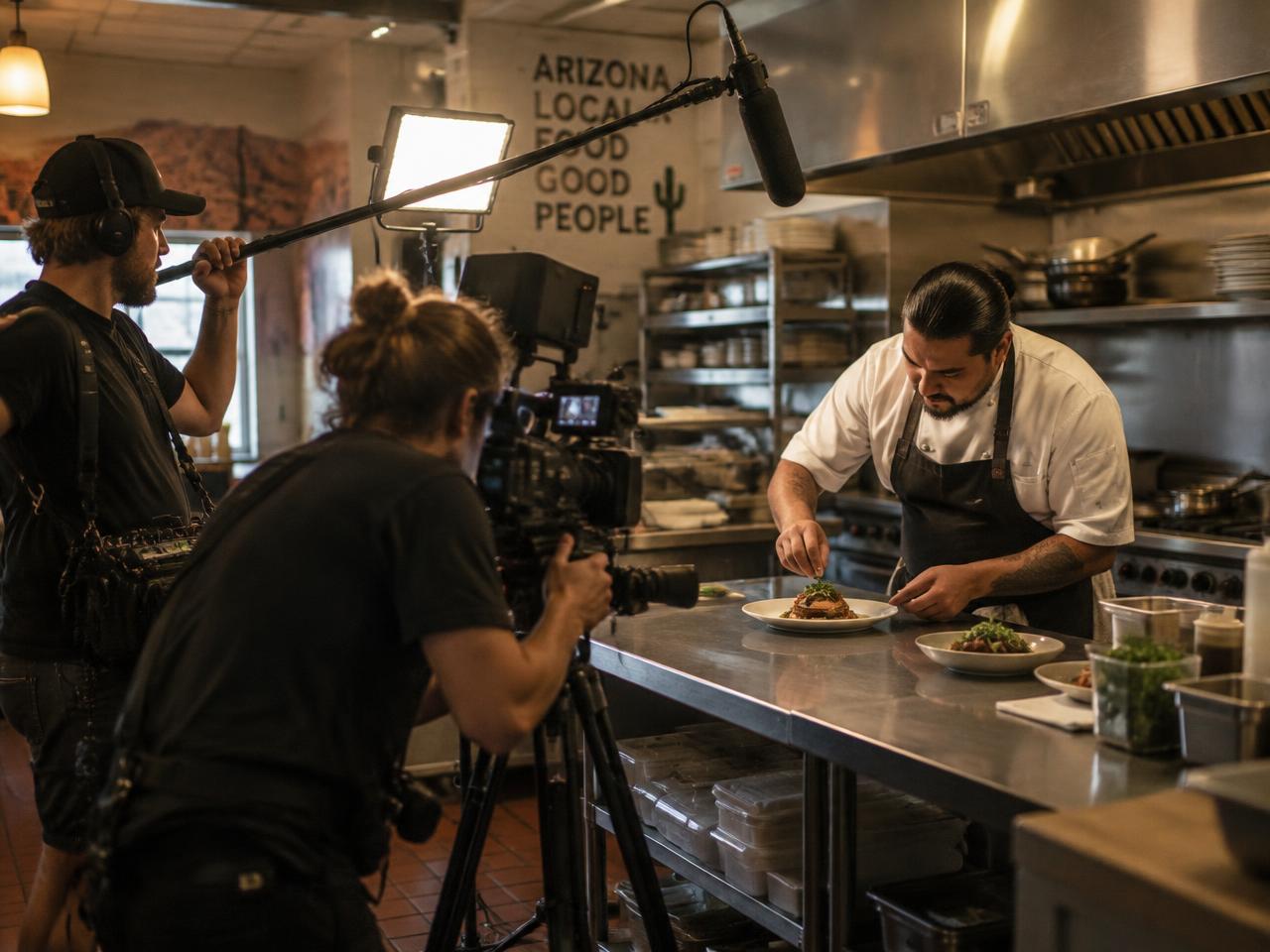 Video crew filming a chef plating a dish in a local restaurant