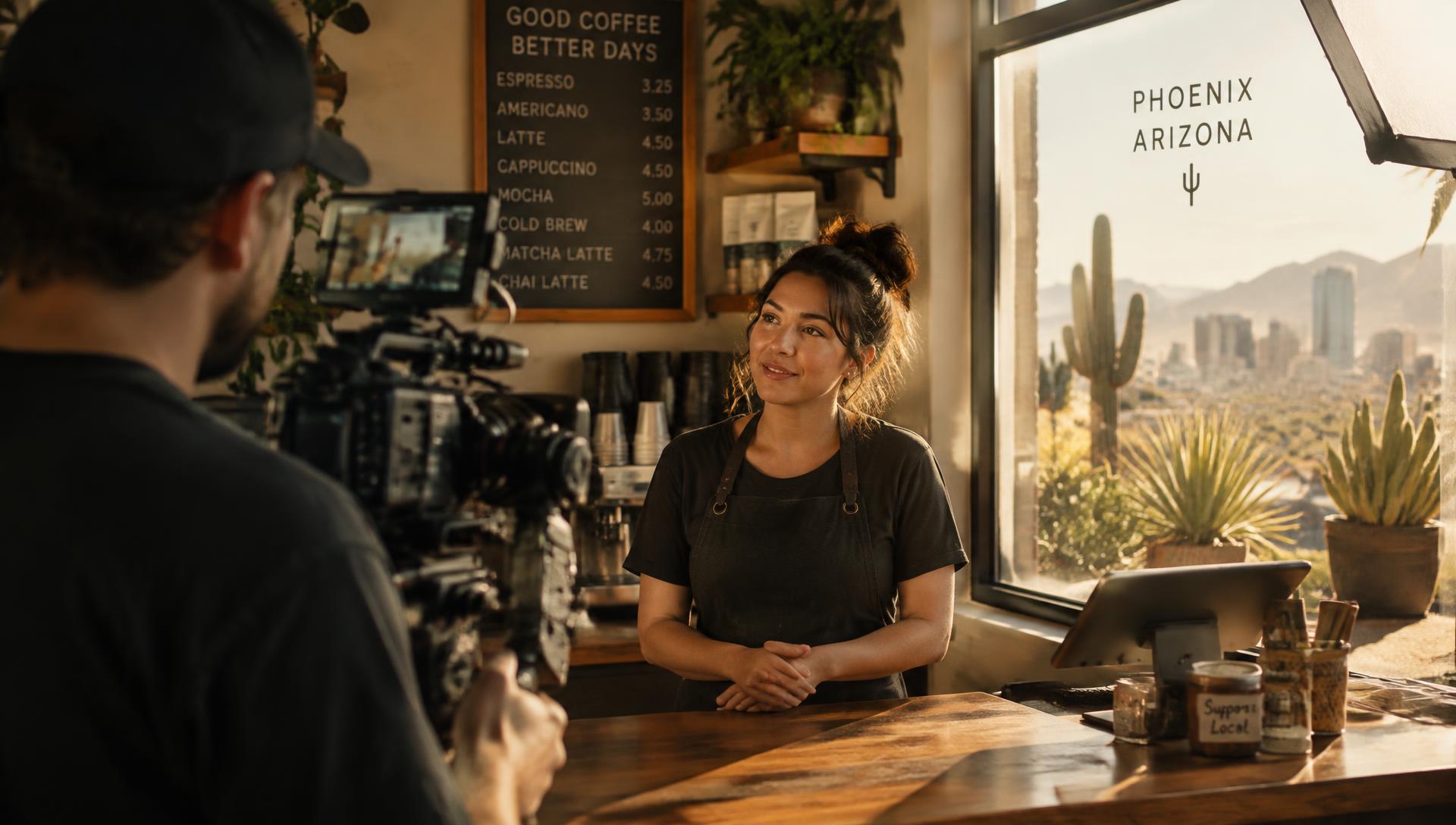 Coffee shop owner being filmed behind her counter in Phoenix