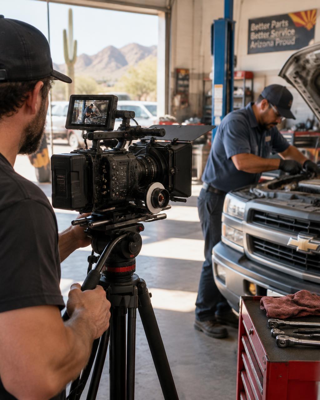 Videographer running a professional cinema camera on a tripod, filming a mechanic at an Arizona auto shop
